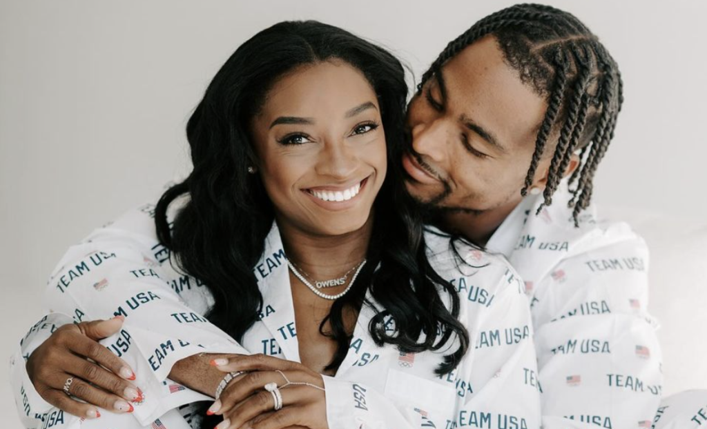 Simone Biles and Jonathan Owens Posing Together in Matching USA Outfits 